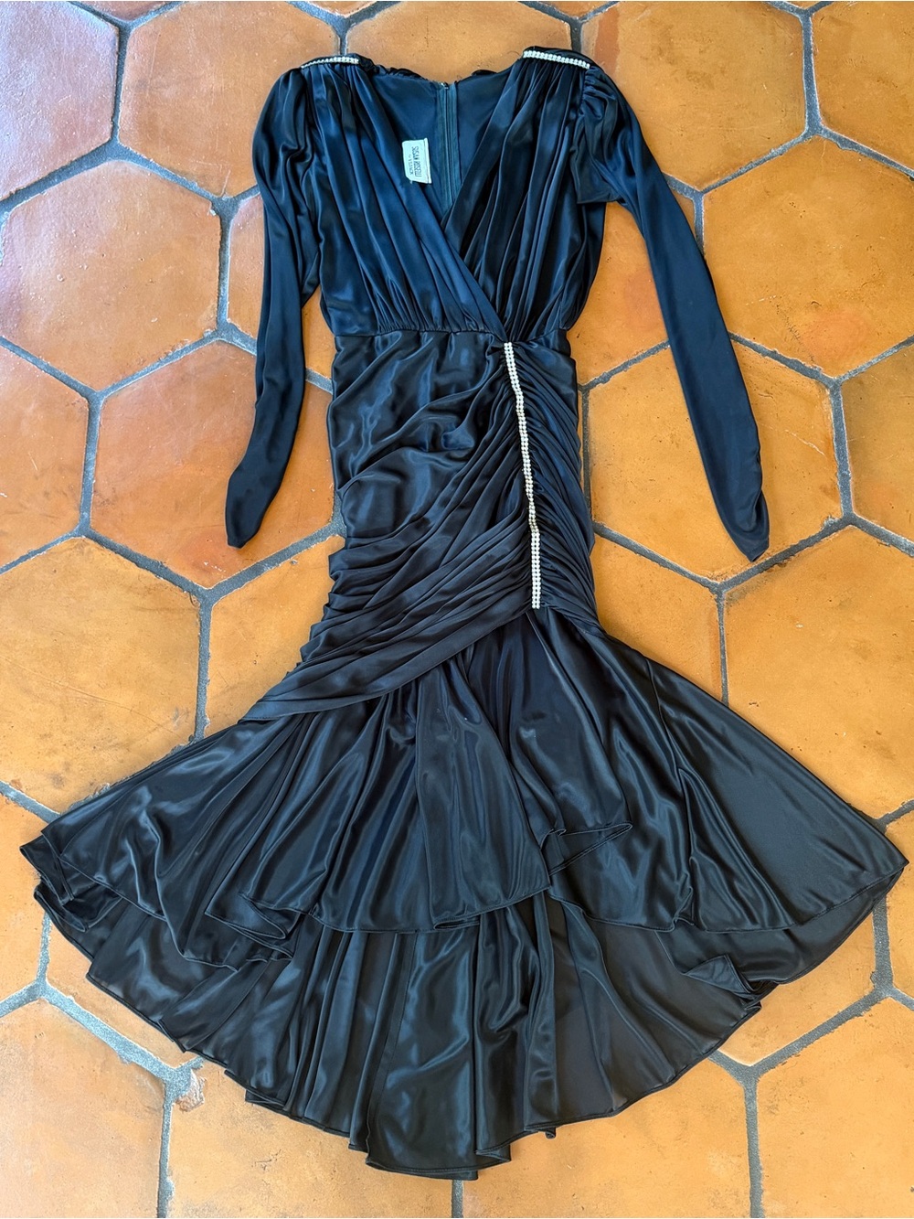 Vtg 90s Susan Roselli VIJACK Black Ruched Diamond Evening Gown Dress 4 Glitzy